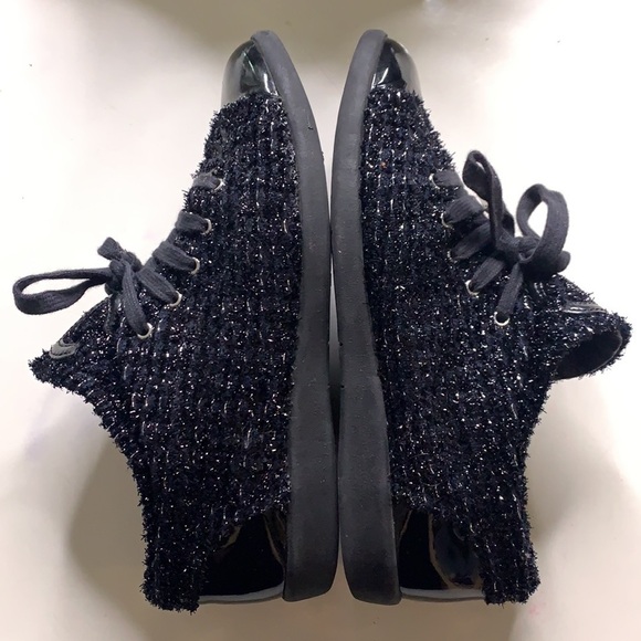CHANEL CC BLACK METALLIC Shimmer tweed lace-up sneakers women’s size 37 shoes - Picture 9 of 14